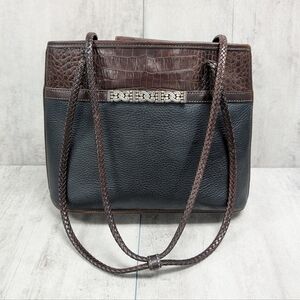 Vintage Brighton Two Toned Brown Black Woven Straps Leather Shoulder Bag Purse